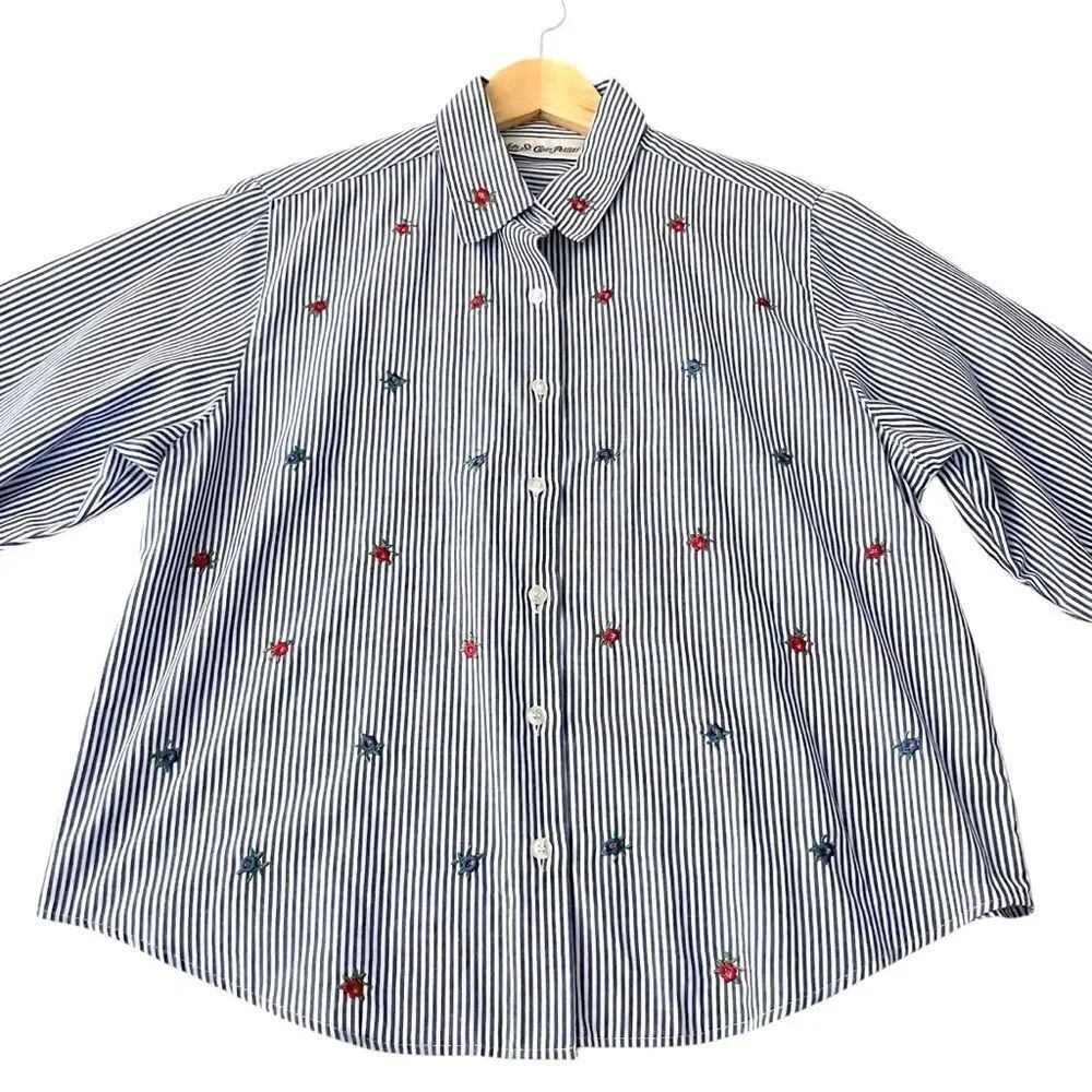 Vintage Yves St. Clair Stripe Button Down Floral Embroidered Crop Blouse